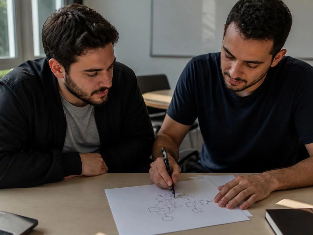 Duas pessoas relendo anotações num tablet apoiado numa mesa de madeira